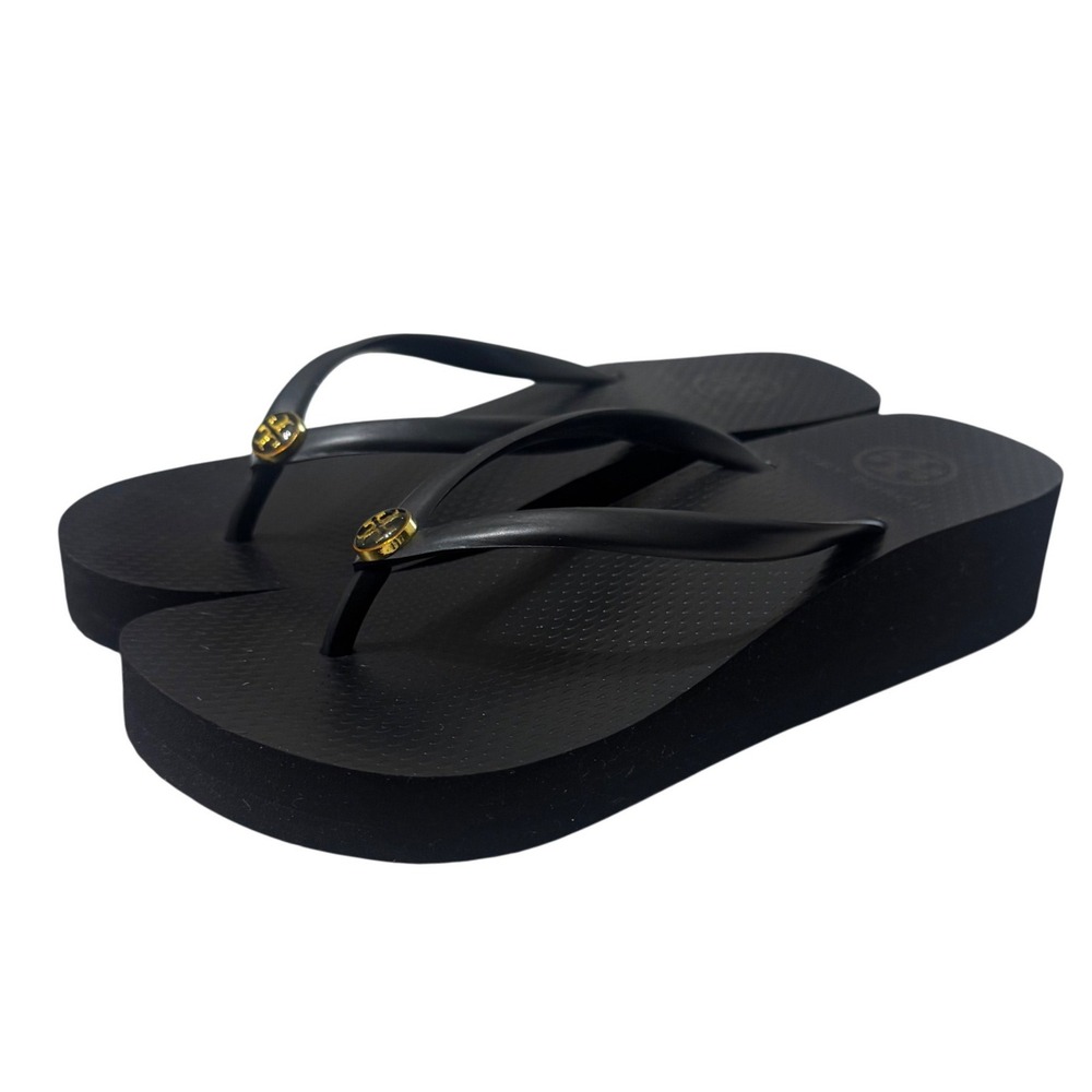 Tory Burch Wedge Flip Flop 7 Black Excellent Gold Logo Platform Sandal